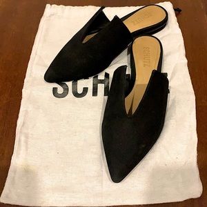 Black suede Schutz mules with dust bag